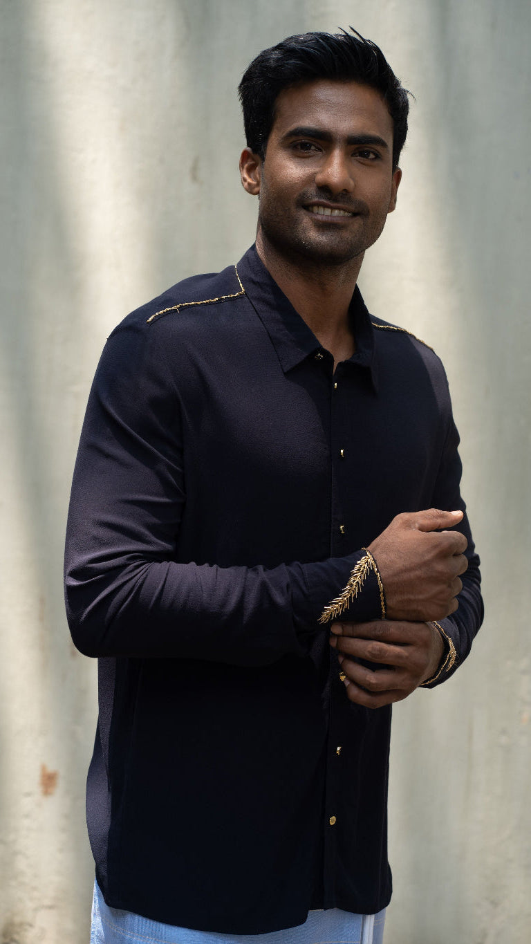 Crew Neck Dress Shirt with Hand Embroidery