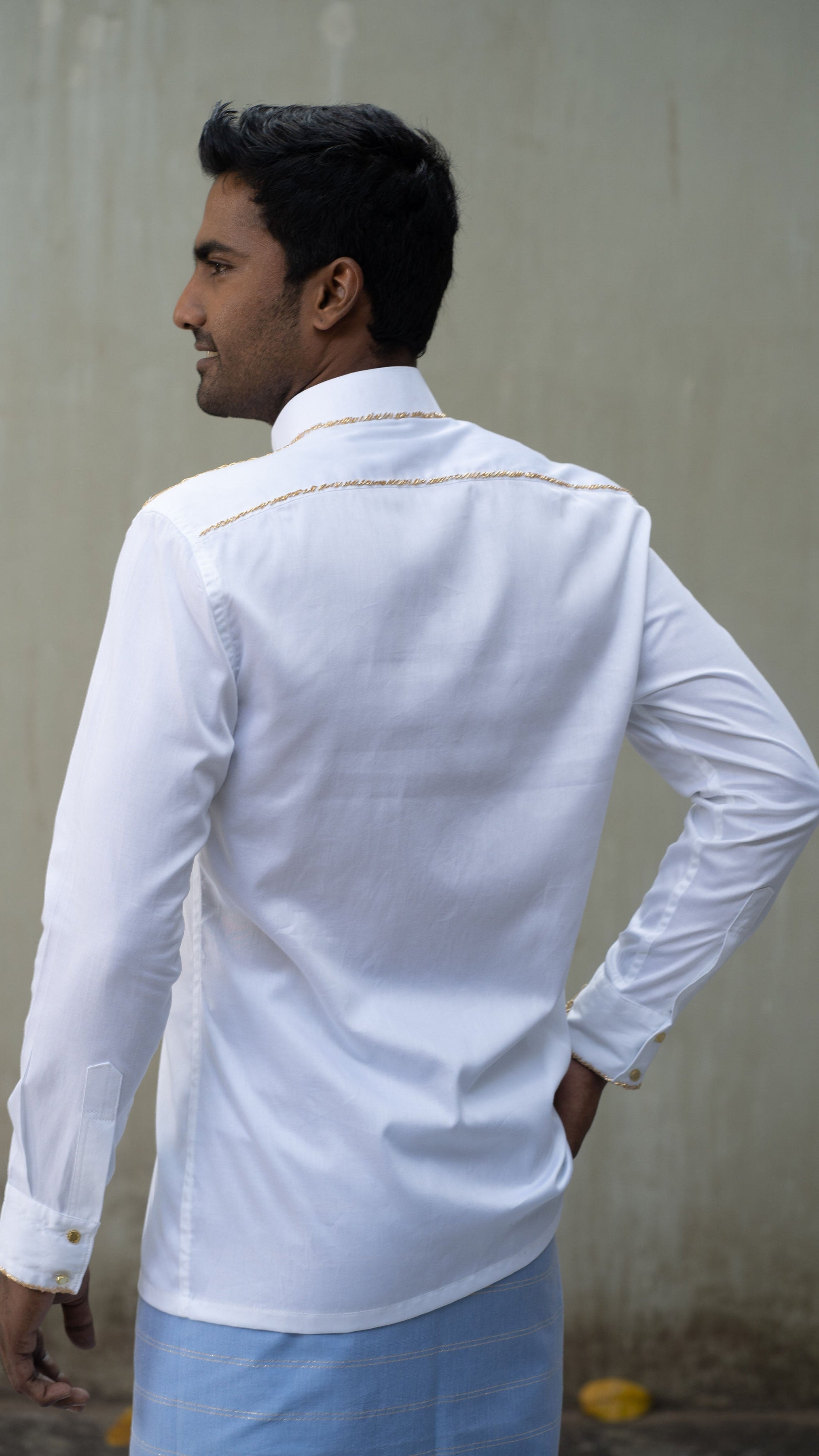LOVI White Cotton Long-Sleeve Sport Shirt with Hand Embroidery