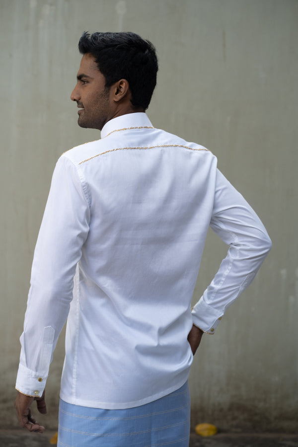 LOVI White Cotton Long-Sleeve Sport Shirt with Hand Embroidery