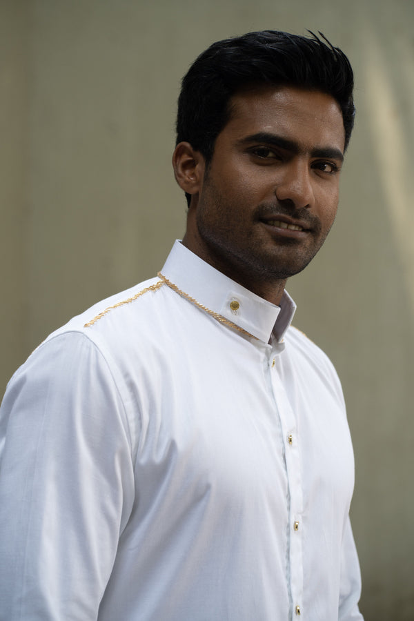 LOVI White Cotton Hand Embroidered Dress Shirt