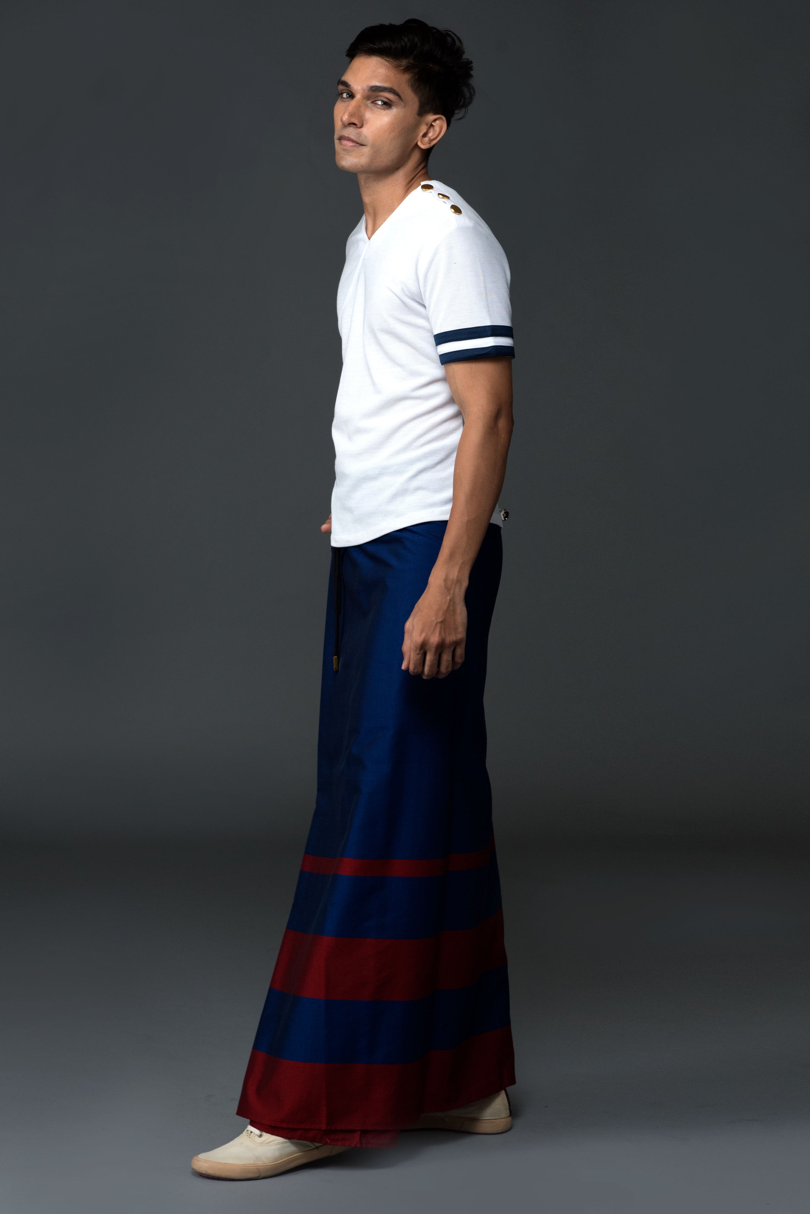 Rugby Sarong. Blue With Red Stripes