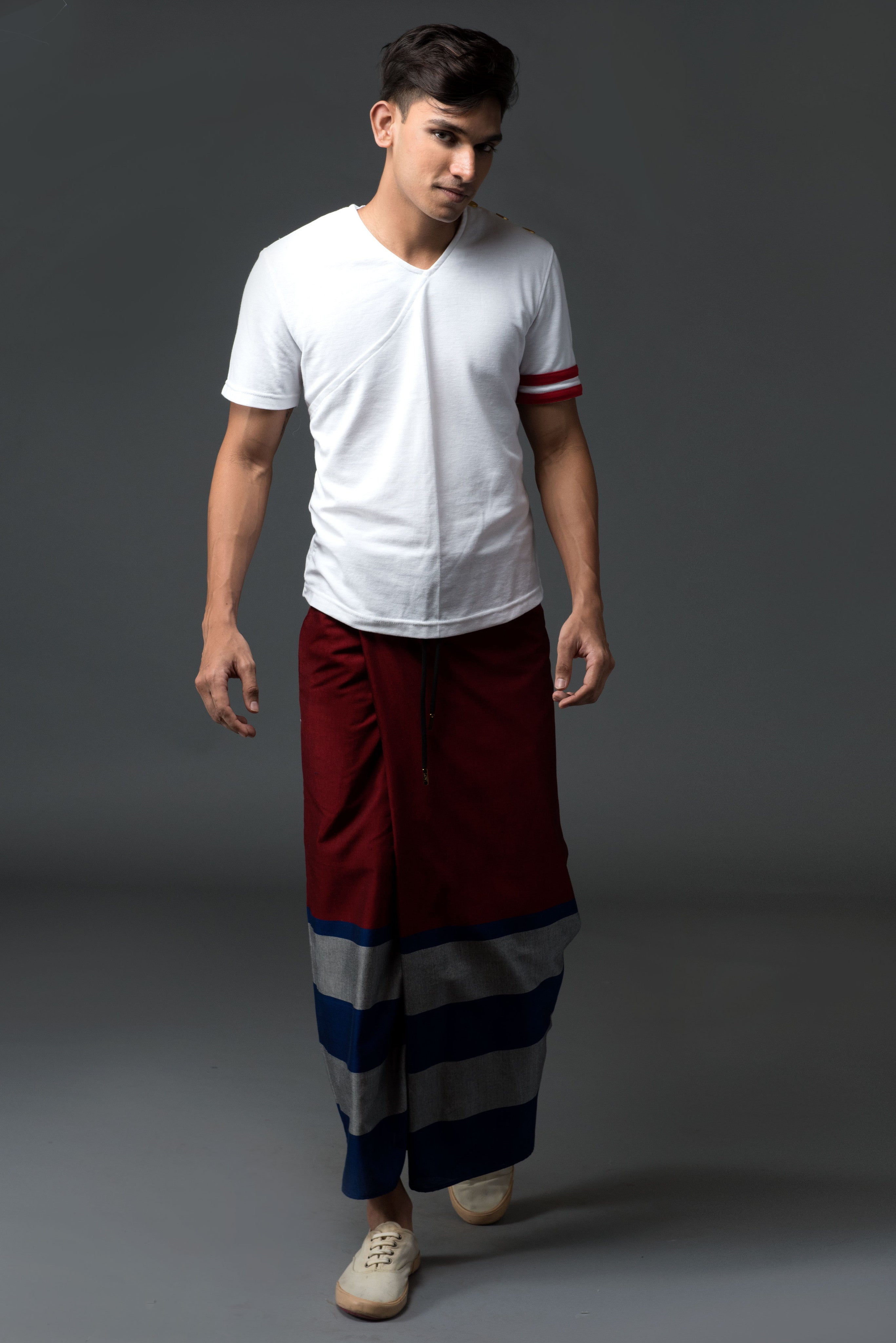 Rugby Sarong. Red With Blue & Silver Stripes