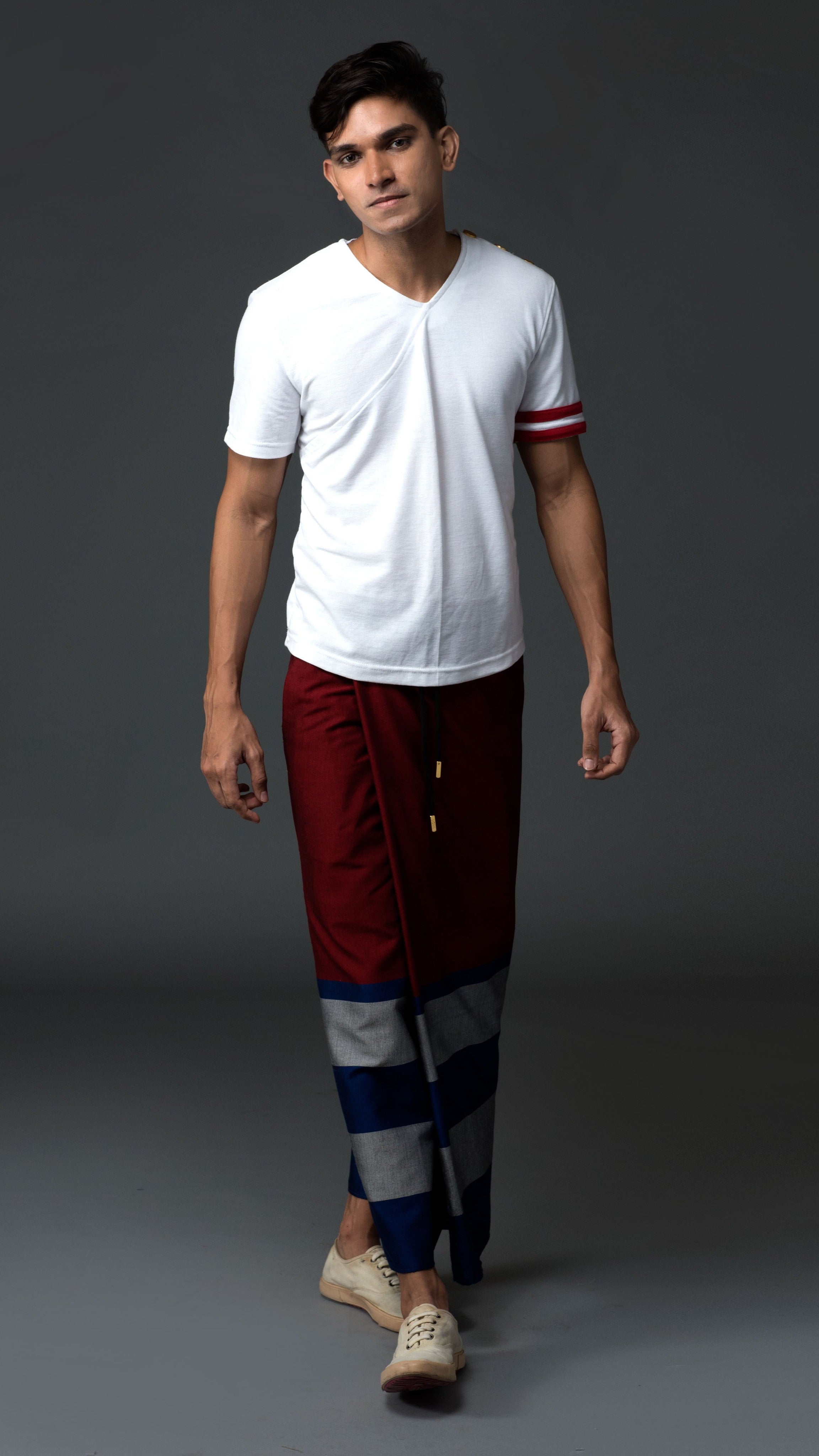 Rugby Sarong. Red With Blue & Silver Stripes