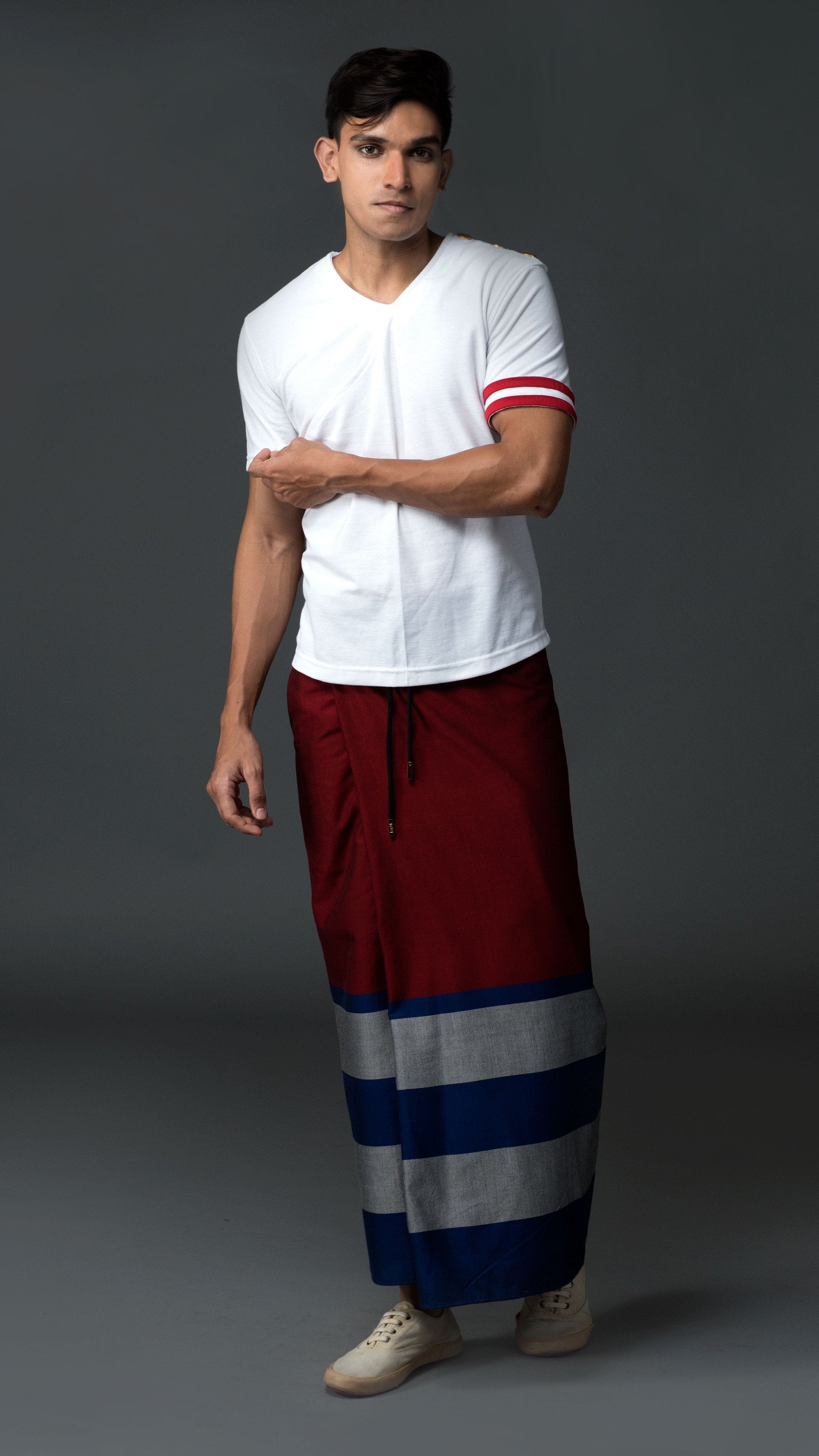 Rugby Sarong. Red With Blue & Silver Stripes