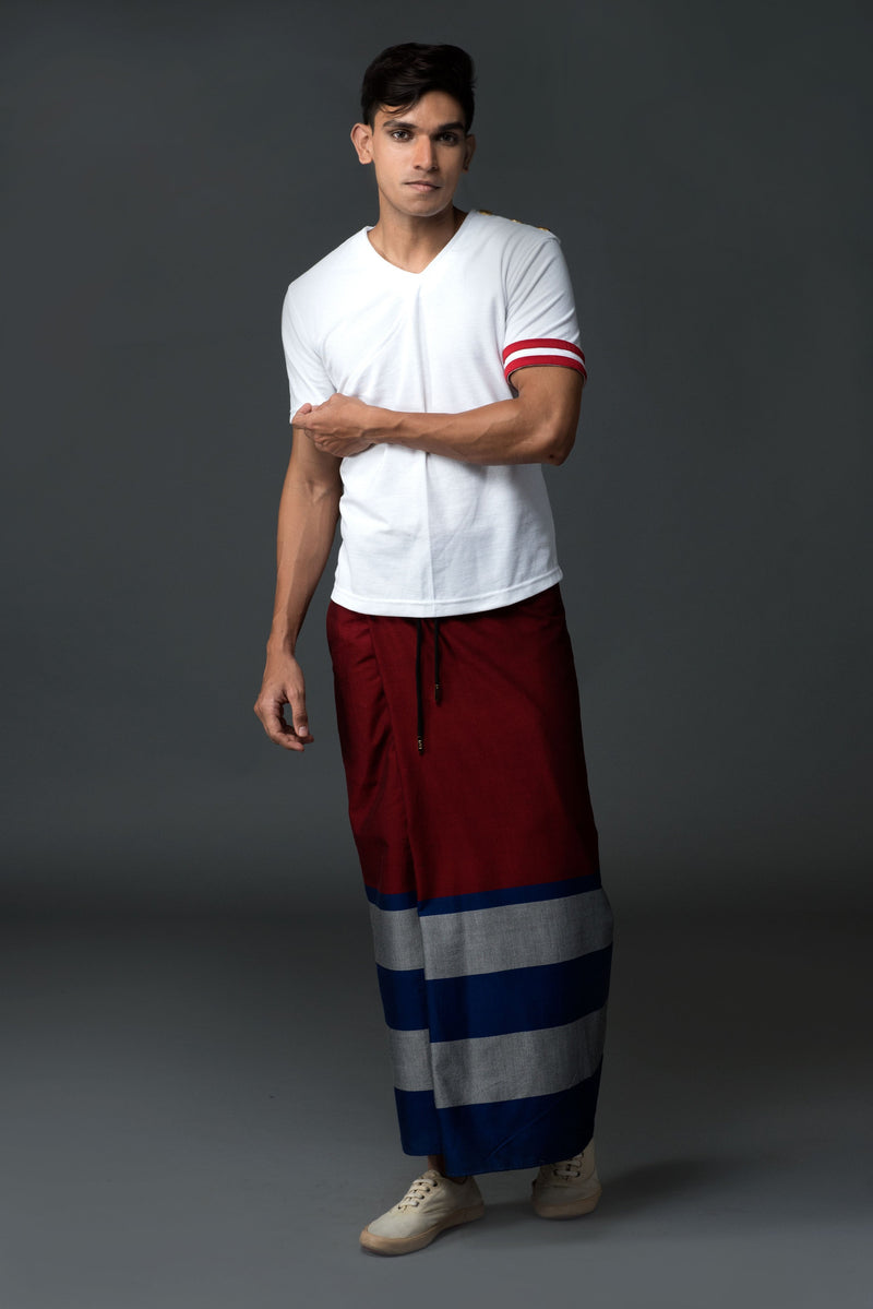 Rugby Sarong. Red With Blue & Silver Stripes