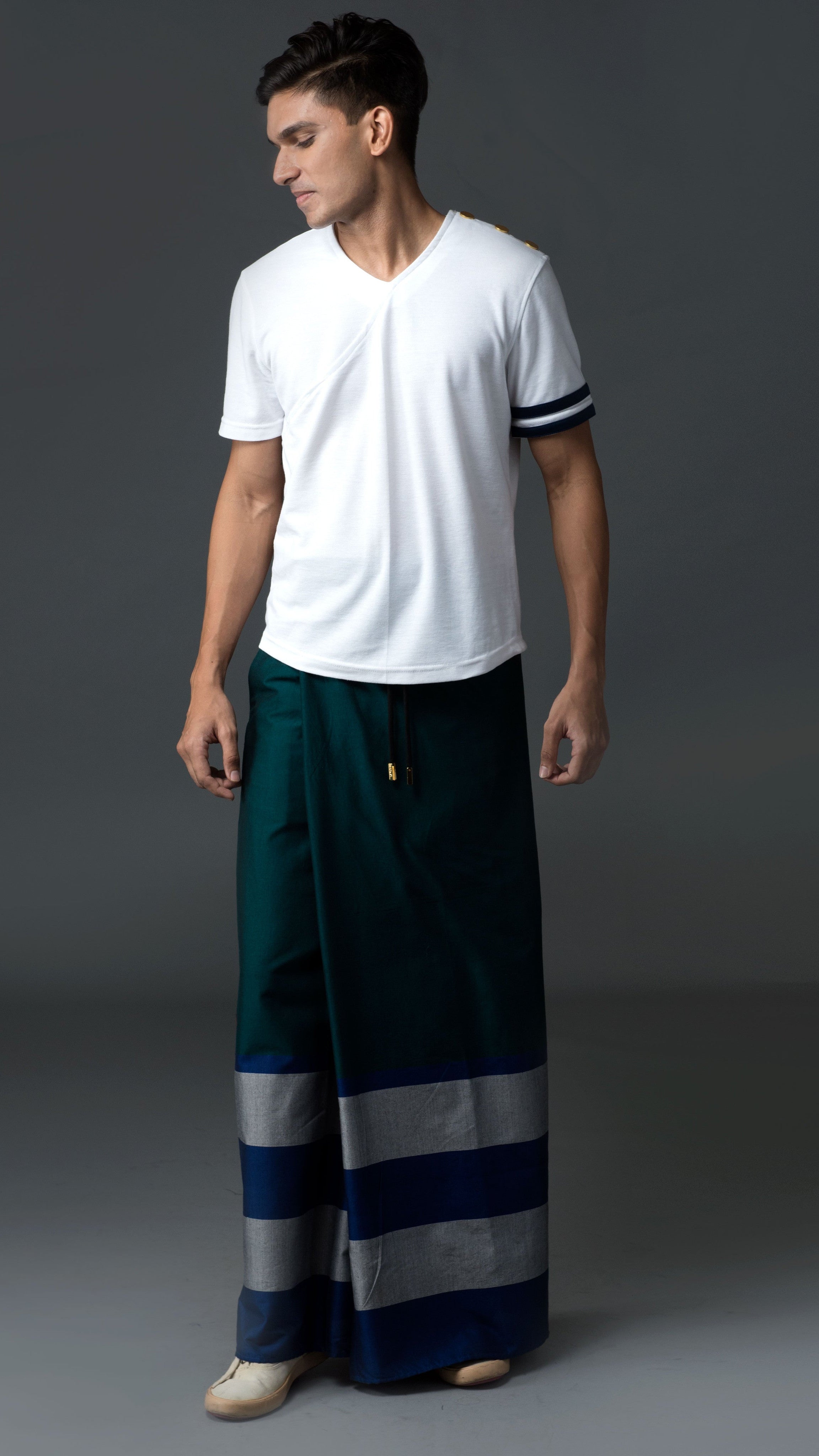 Rugby Sarong. Emerald With Blue & Silver Stripes