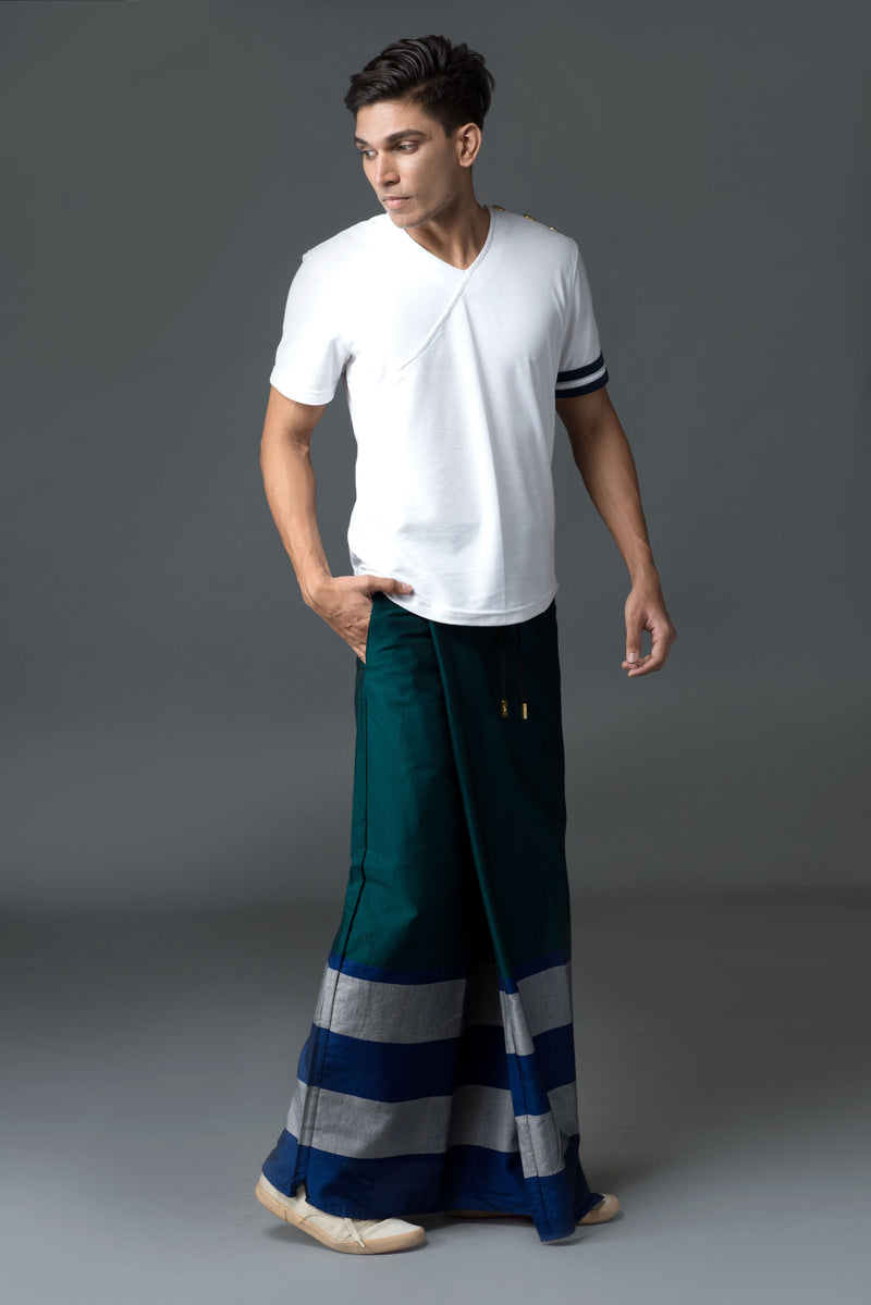 Rugby Sarong. Emerald With Blue & Silver Stripes