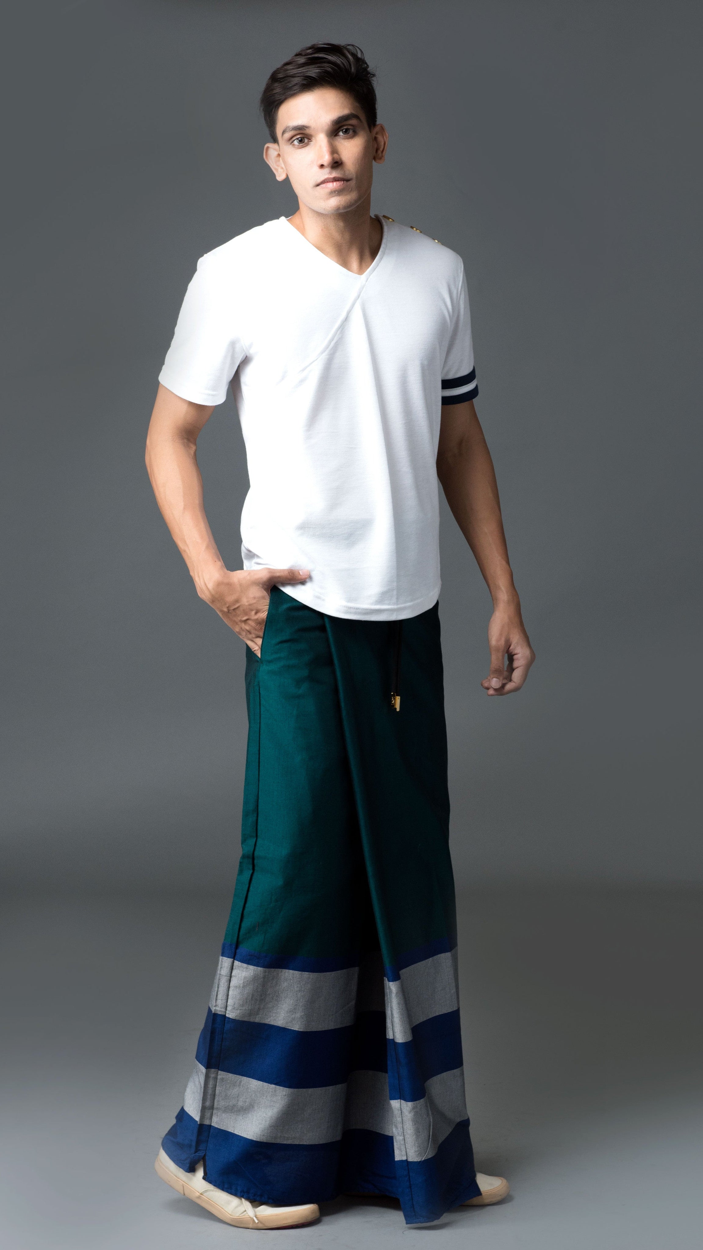 Rugby Sarong. Emerald With Blue & Silver Stripes