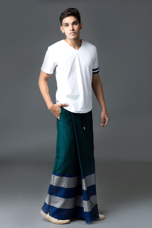 Rugby Sarong. Emerald With Blue & Silver Stripes
