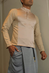Admiral Silk Shirt in Beige x Grey Handloom Sarong