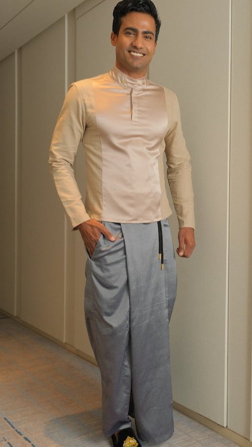Admiral Silk Shirt in Beige x Grey Handloom Sarong