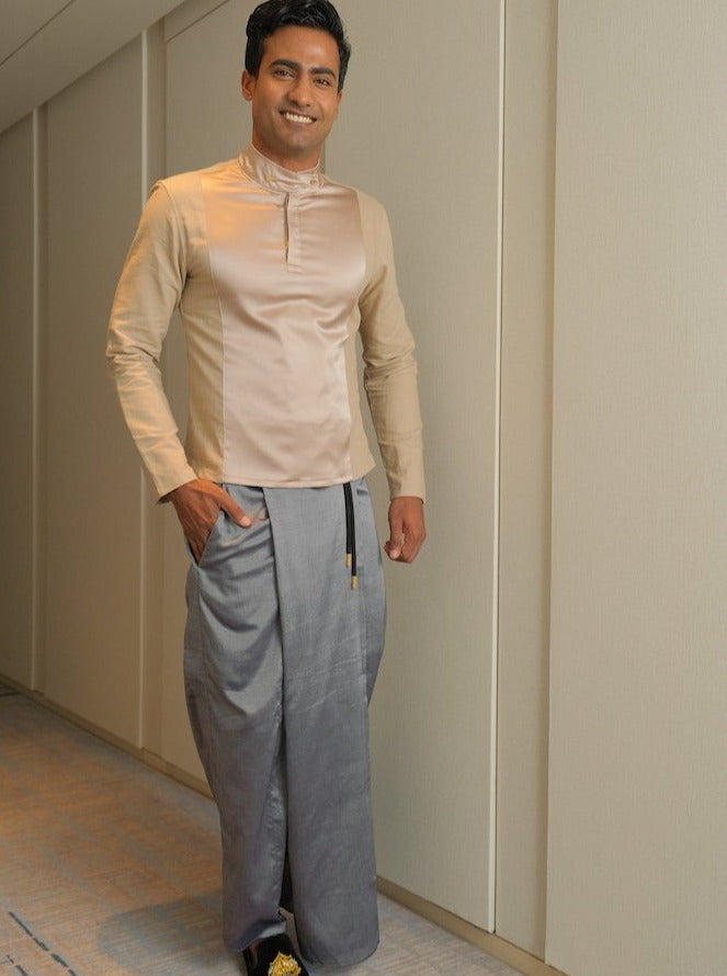 Admiral Silk Shirt in Beige x Grey Handloom Sarong