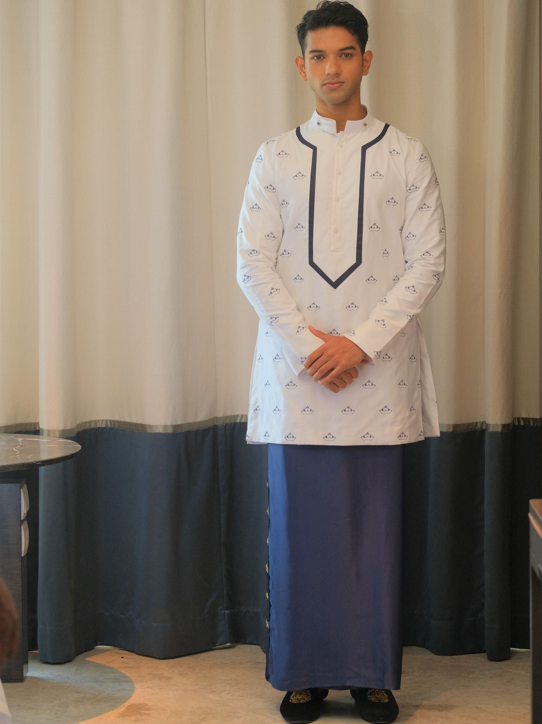 Full Crown Embroidered Kurta Shirt & Hand worked Navy Silk Sarong