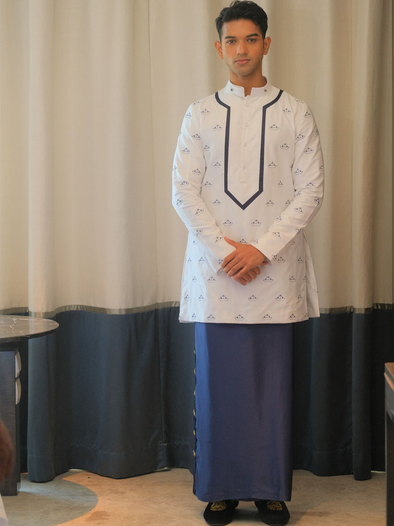 Full Crown Embroidered Kurta Shirt & Hand worked Navy Silk Sarong