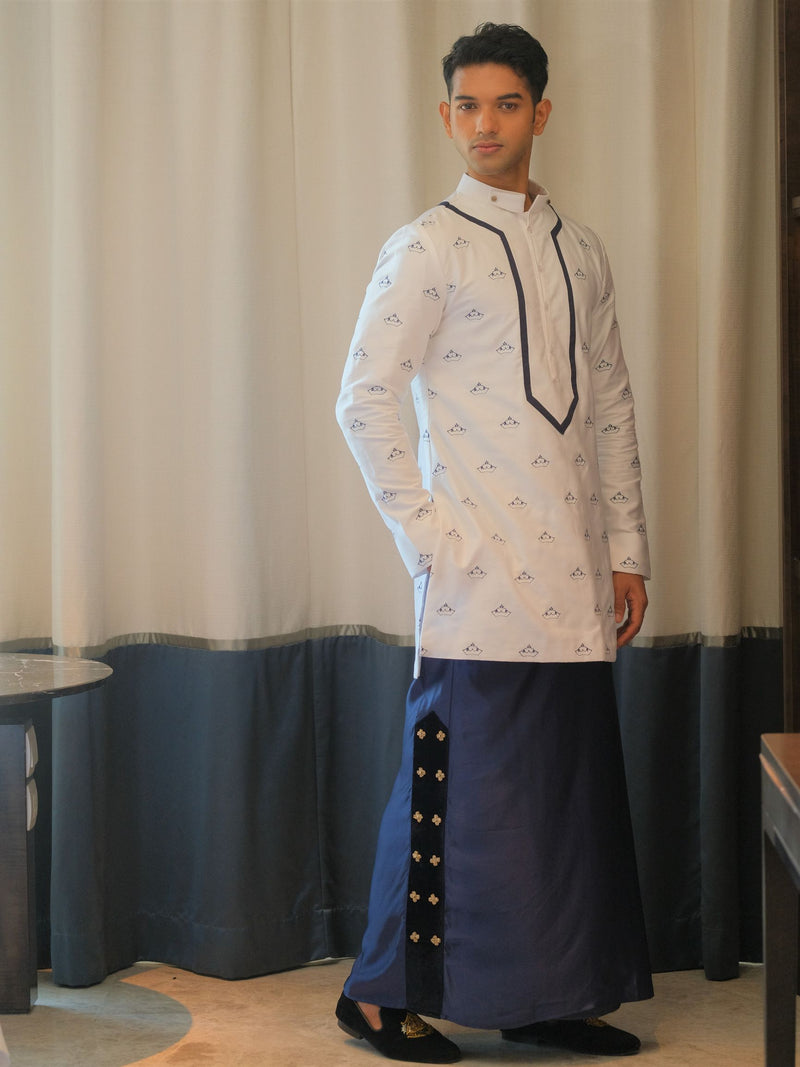 Full Crown Embroidered Kurta Shirt & Hand worked Navy Silk Sarong