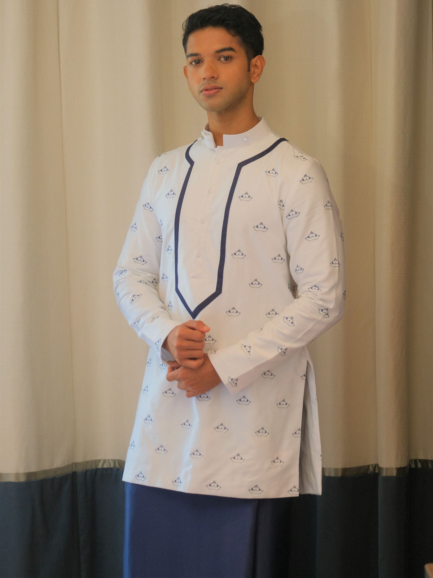 Full Crown Embroidered Kurta Shirt & Hand worked Navy Silk Sarong