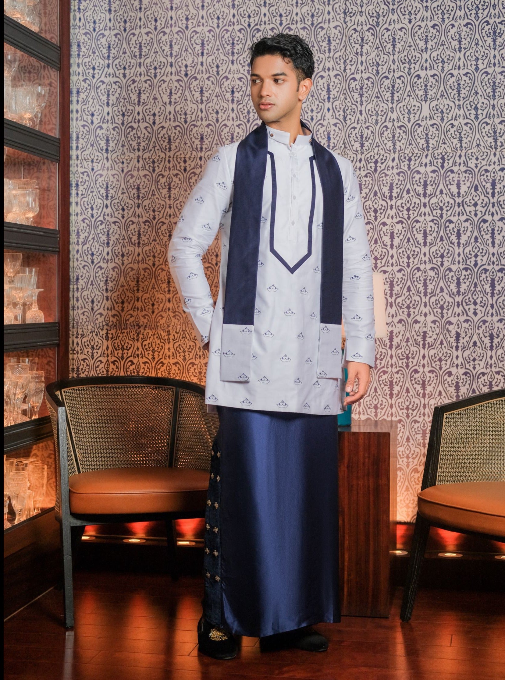 Full Crown Embroidered Kurta Shirt & Hand worked Navy Silk Sarong