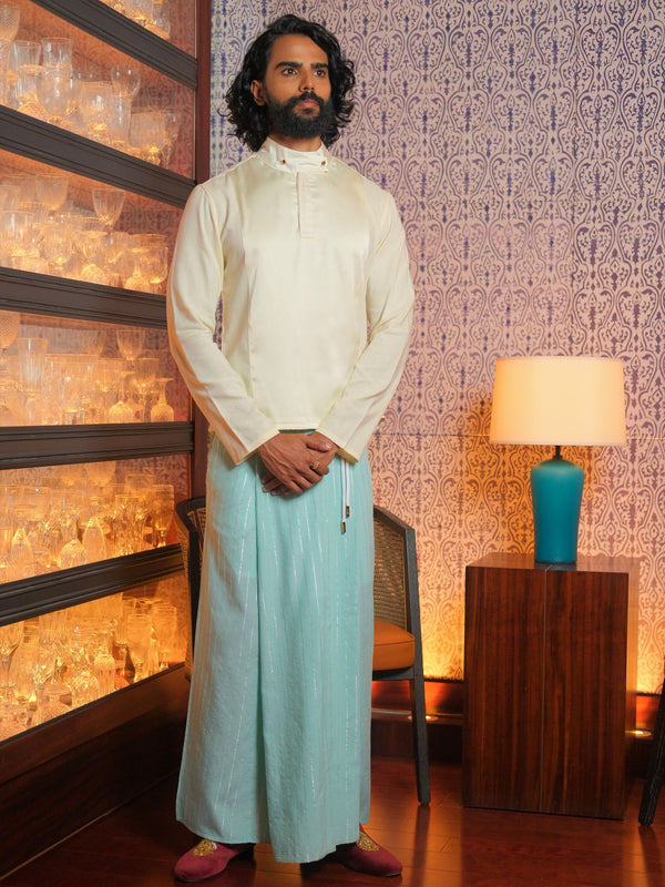 Light Green Pinstripe Rayon Sarong & Cotton Admiral Shirt with Silk Panel