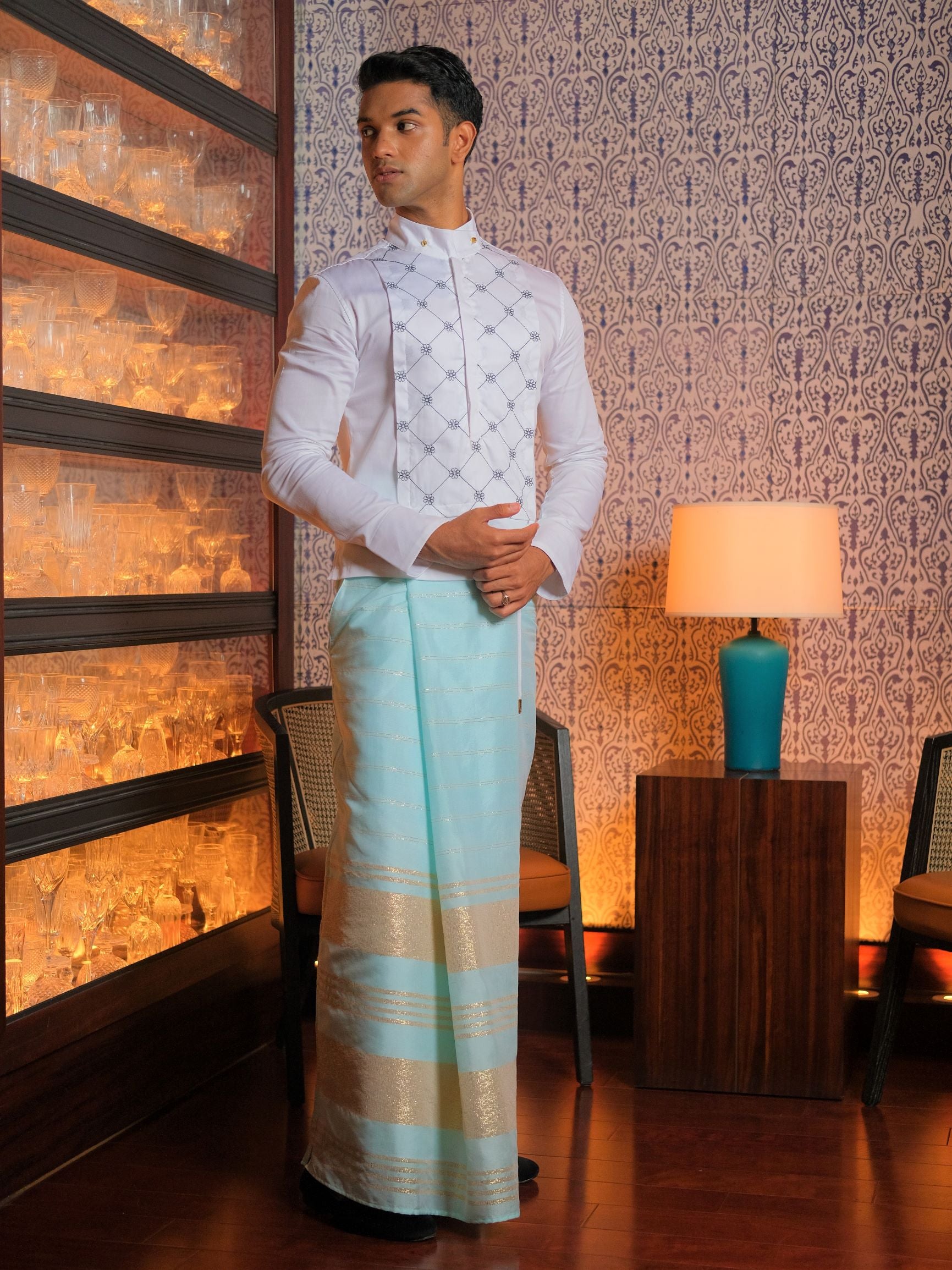 Gold Threaded Handloom Sarong x Admiral Crown Shirt