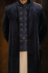 Navy Velvet Jacket with Crown Panel Shirt & Beige Silk Sarong