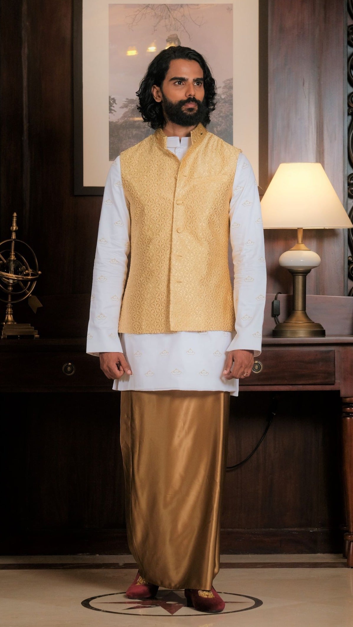 Gold and White Kurta Shirt x Gold Silk Sarong
