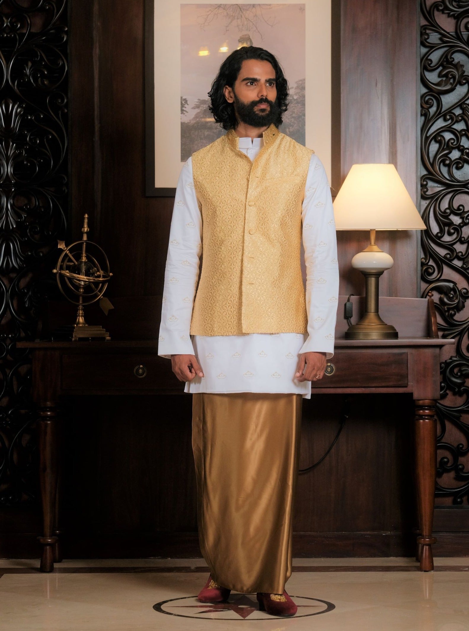 Gold and White Kurta Shirt x Gold Silk Sarong