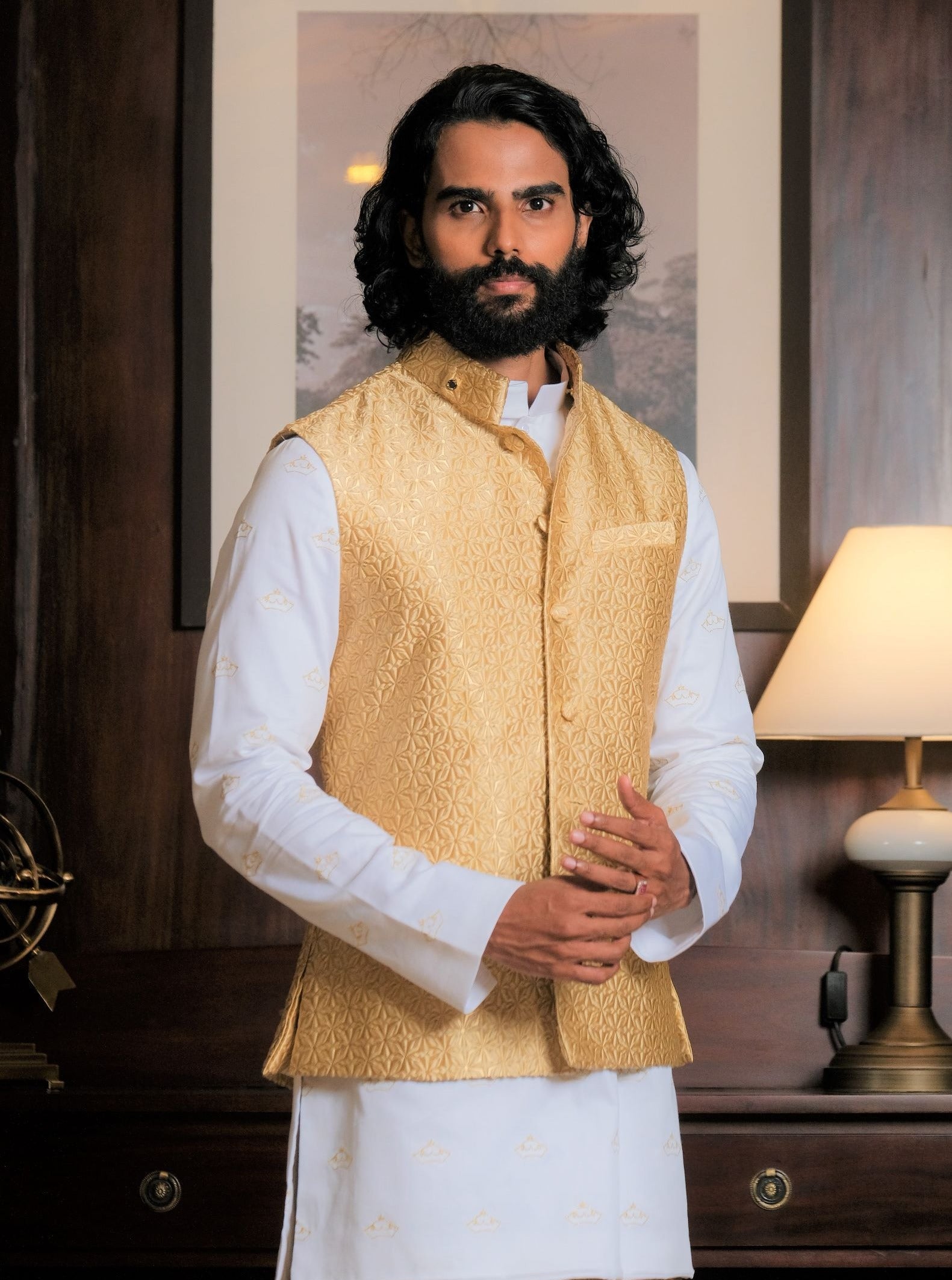 Gold and White Kurta Shirt x Gold Silk Sarong