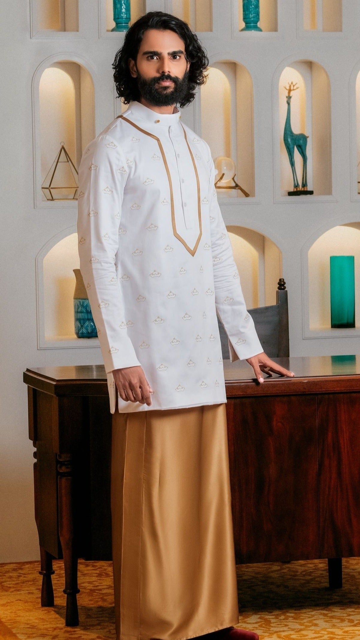 Crown Ribbon Kurta Shirt x Gold Silk Sarong