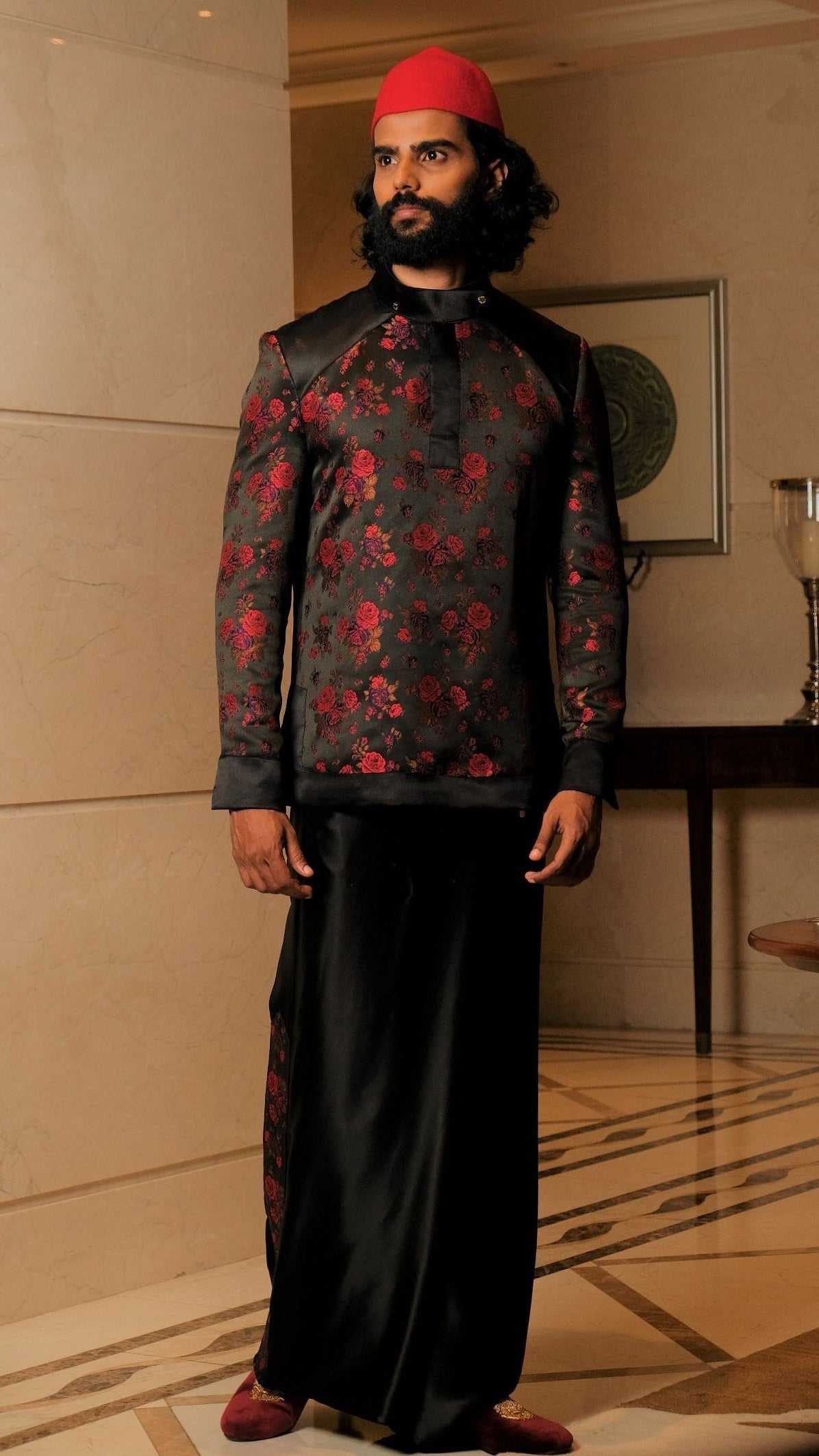 Floral Jacquard Jacket & Black Silk Sarong