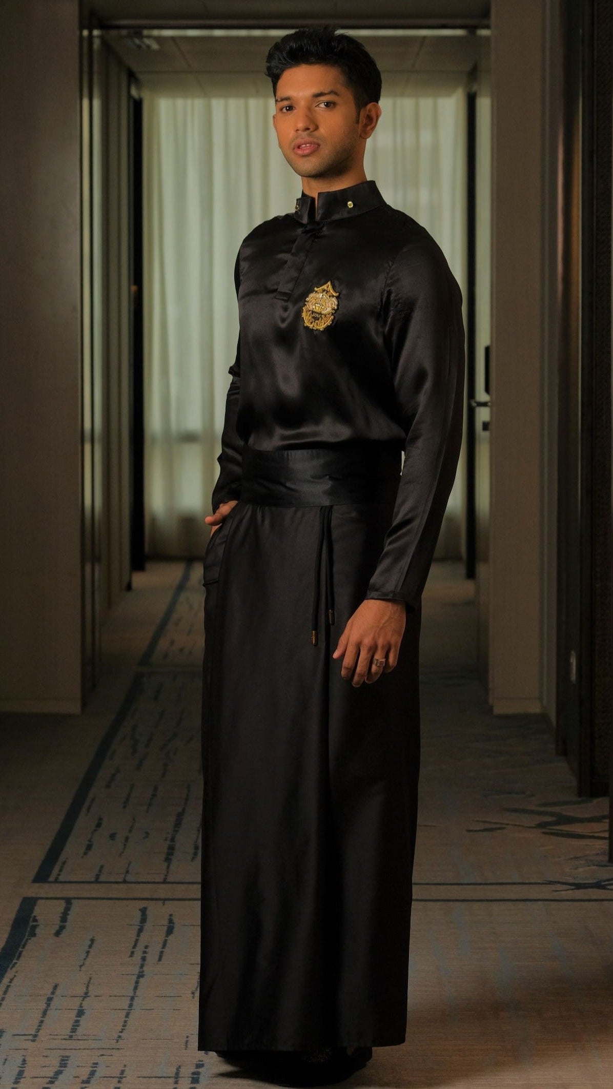 Crest Silk Shirt and Sarong in Black