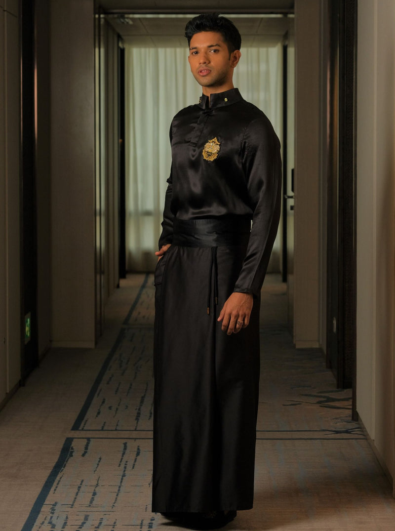 Crest Silk Shirt and Sarong in Black
