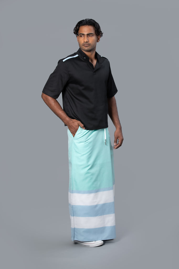 Rugby Sarong. Pastel Green With Pastel Blue & White Stripes