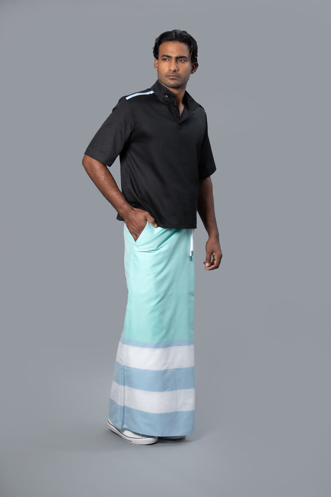 Rugby Sarong. Pastel Green With Pastel Blue & White Stripes