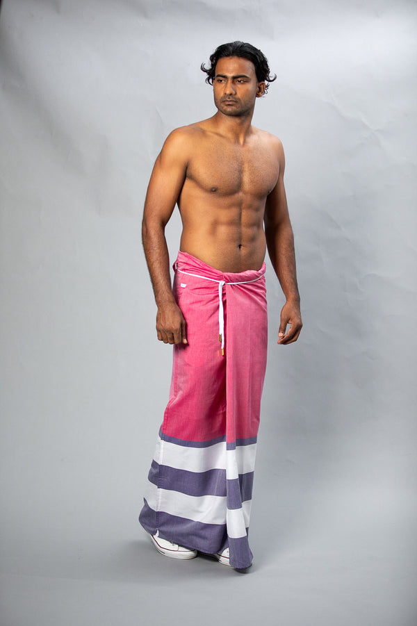 Rugby Sarong. Dark Pink With Pastel Purple & White Stripes