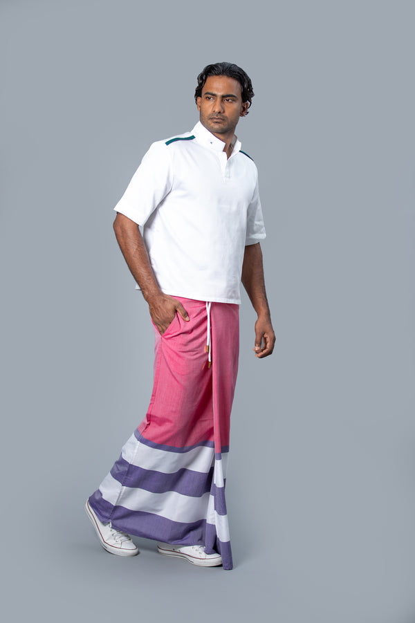 Rugby Sarong. Dark Pink With Pastel Purple & White Stripes