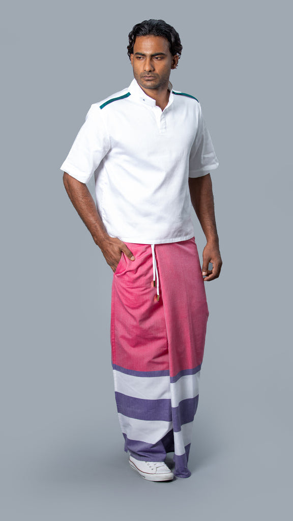 Rugby Sarong. Dark Pink With Pastel Purple & White Stripes