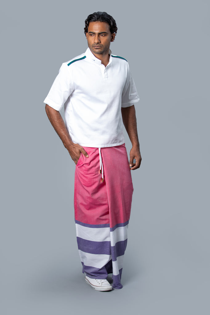 Rugby Sarong. Dark Pink With Pastel Purple & White Stripes