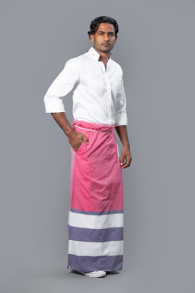 Rugby Sarong. Dark Pink With Pastel Purple & White Stripes