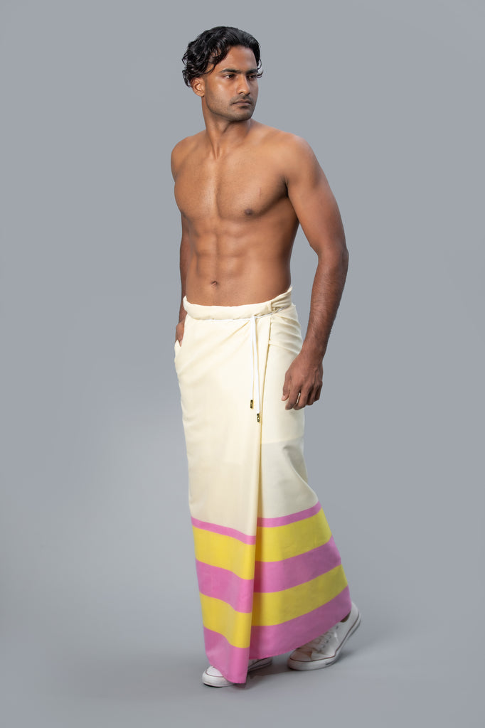 Rugby Sarong. Pastel Yellow With Dark Pink & Dark Yellow Stripes