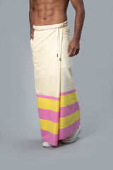 Rugby Sarong. Pastel Yellow With Dark Pink & Dark Yellow Stripes