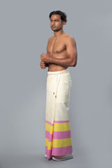 Rugby Sarong. Pastel Yellow With Dark Pink & Dark Yellow Stripes