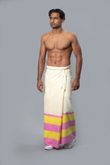 Rugby Sarong. Pastel Yellow With Dark Pink & Dark Yellow Stripes