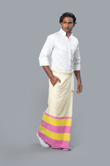 Rugby Sarong. Pastel Yellow With Dark Pink & Dark Yellow Stripes