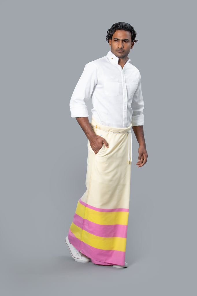 Rugby Sarong. Pastel Yellow With Dark Pink & Dark Yellow Stripes