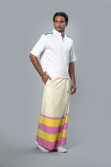 Rugby Sarong. Pastel Yellow With Dark Pink & Dark Yellow Stripes