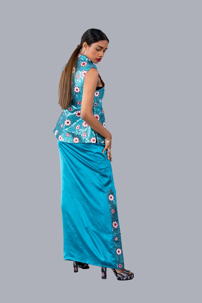Ladies Sleeveless Sequin Floral Worked Silk Srilankan National