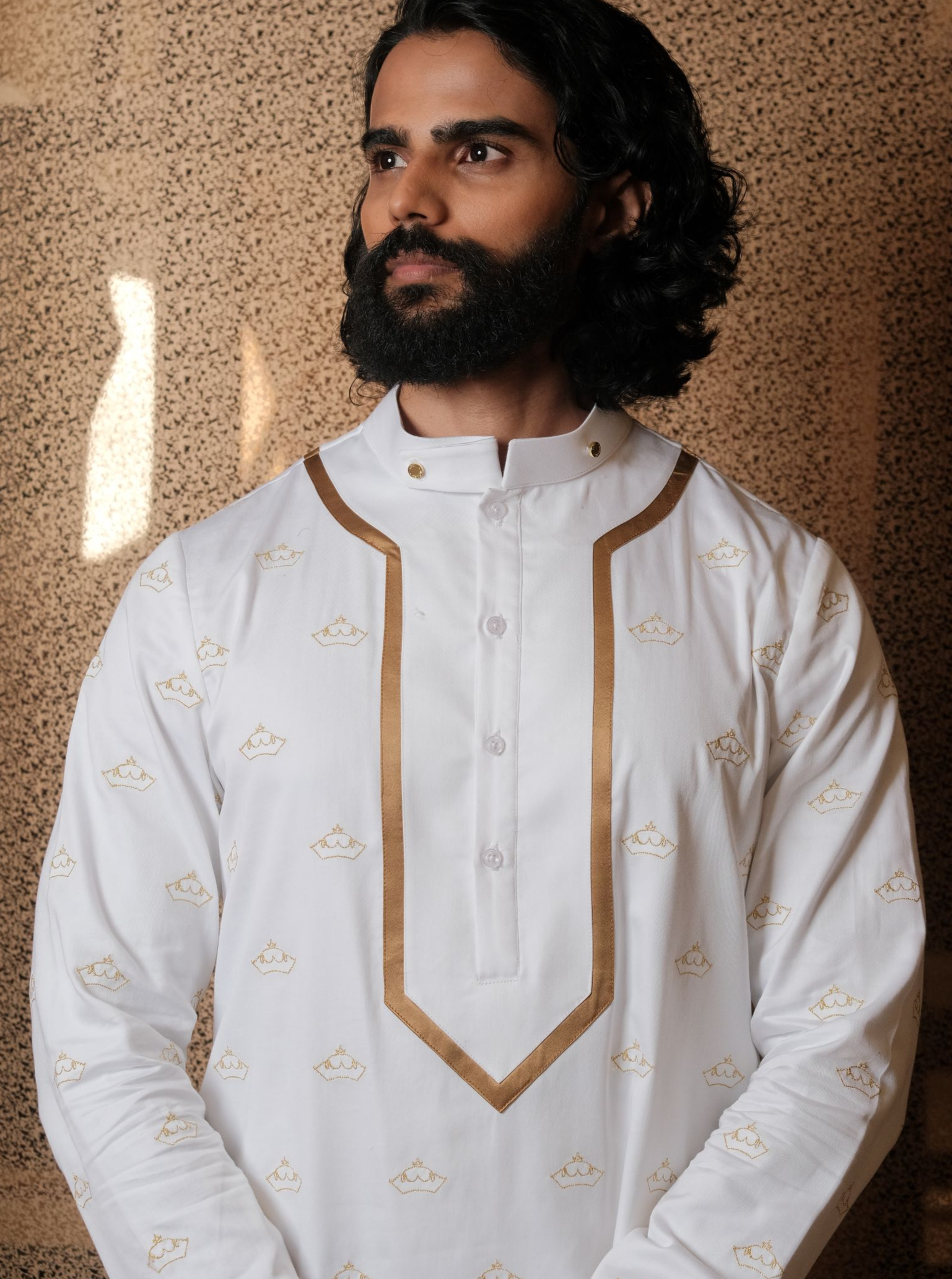 Crown Ribbon Kurta Shirt x Gold Silk Sarong