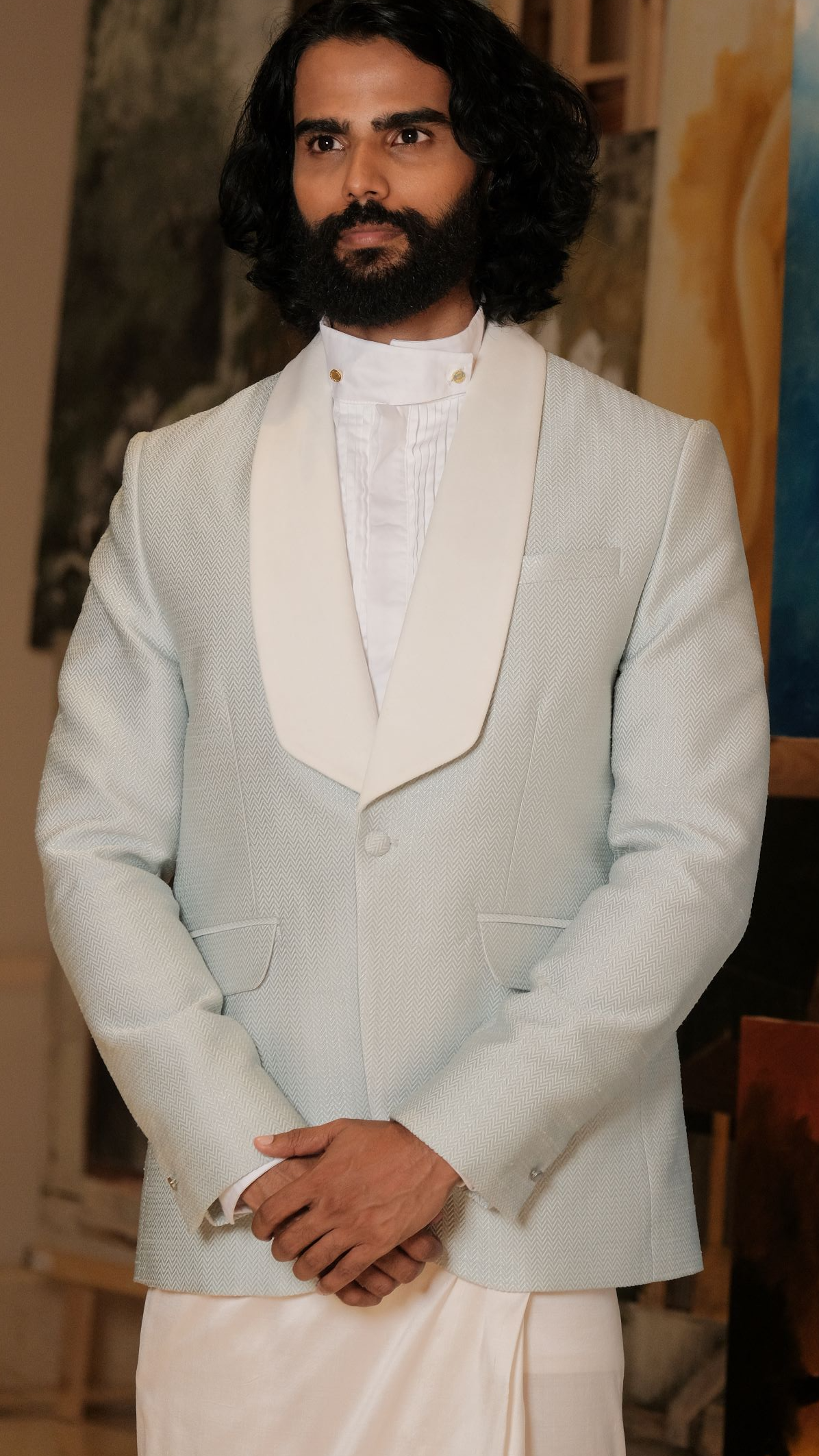 Mint Green Tuxedo Jacket x Off-White Silk Sarong