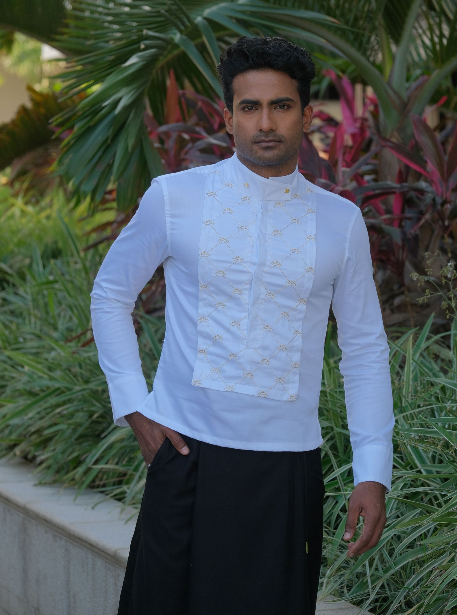 Gold Threaded Handloom Sarong x Admiral Crown Shirt